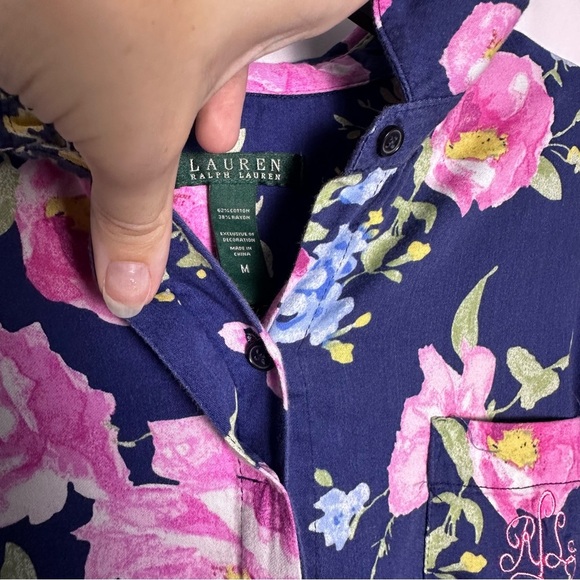 Lauren Ralph Lauren Navy Floral Sleep Shirt Women’s Embroidered Pocket Sz M - Picture 10 of 10